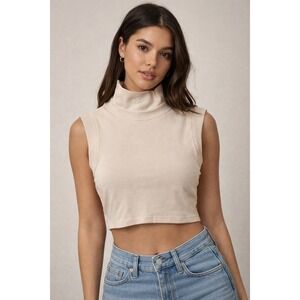 Nike Sportswear Women Mock Neck Sleeveless Crop Top Tan Beige Swoosh Logo Medium